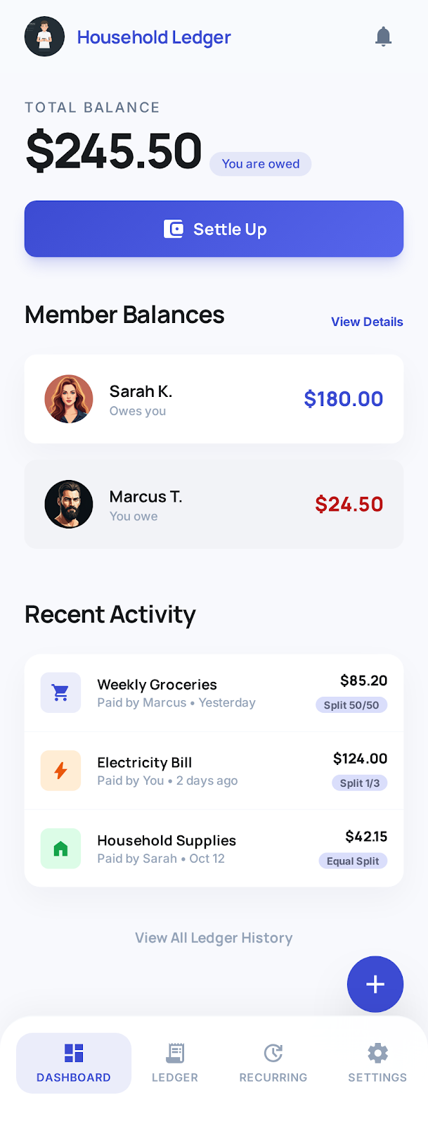 Screenshot of the OurTab dashboard showing balance summary and household spending.